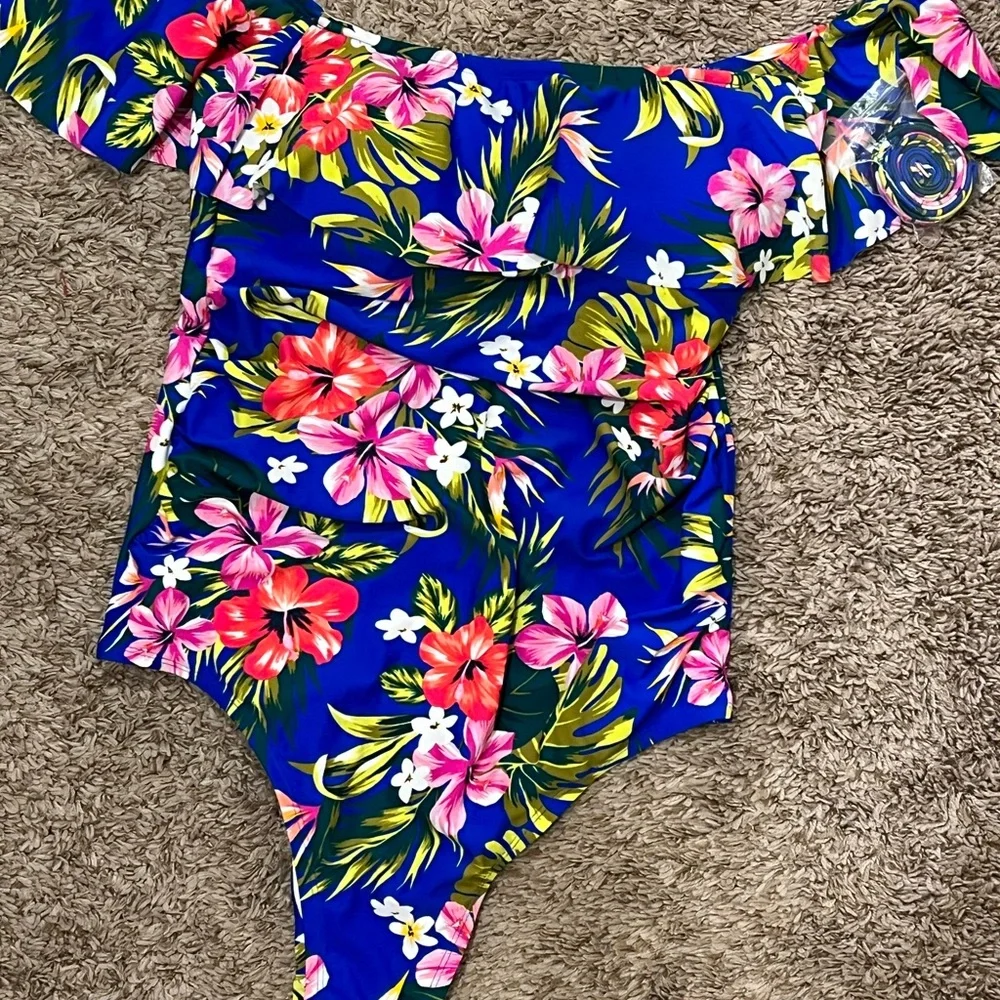 Kona Sol Sz 14W One Piece Swimsuit Floral Ruffle Top Drop Shoulder - Picture 7 of 10